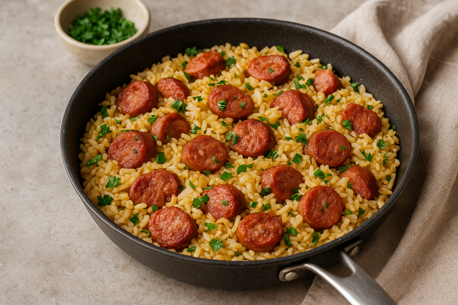 Arroz com Linguiça toscana feito em uma panela. Receita Fácil e Pratica.