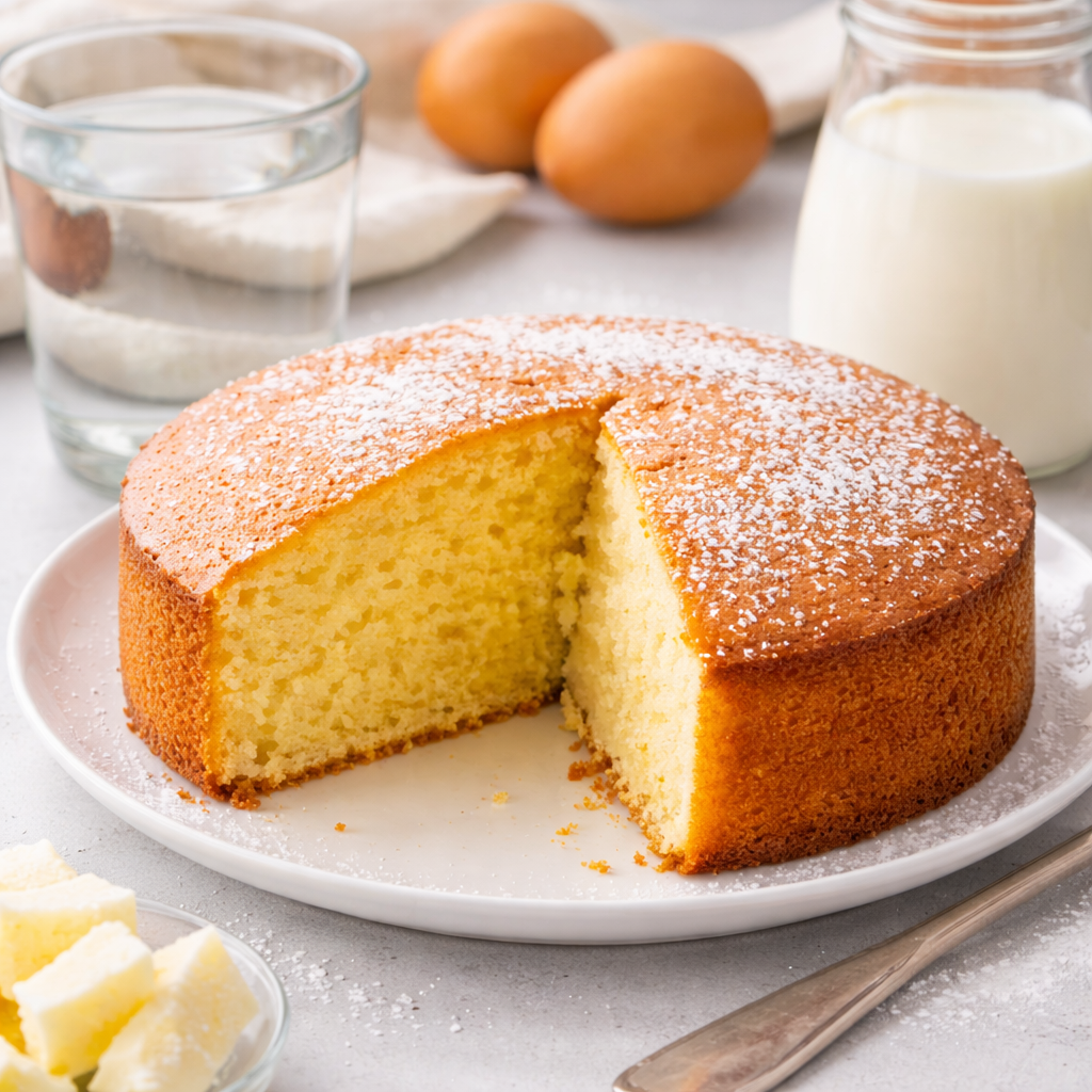 Bolo simples fofinho com copo de água e leite ao lado usados na receita de bolo caseiro.